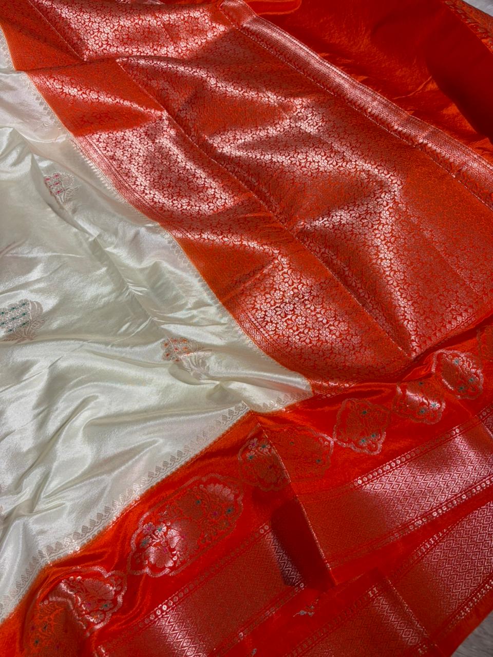 Off White Shade premium Chinia silk Banarasi saree - Image 2