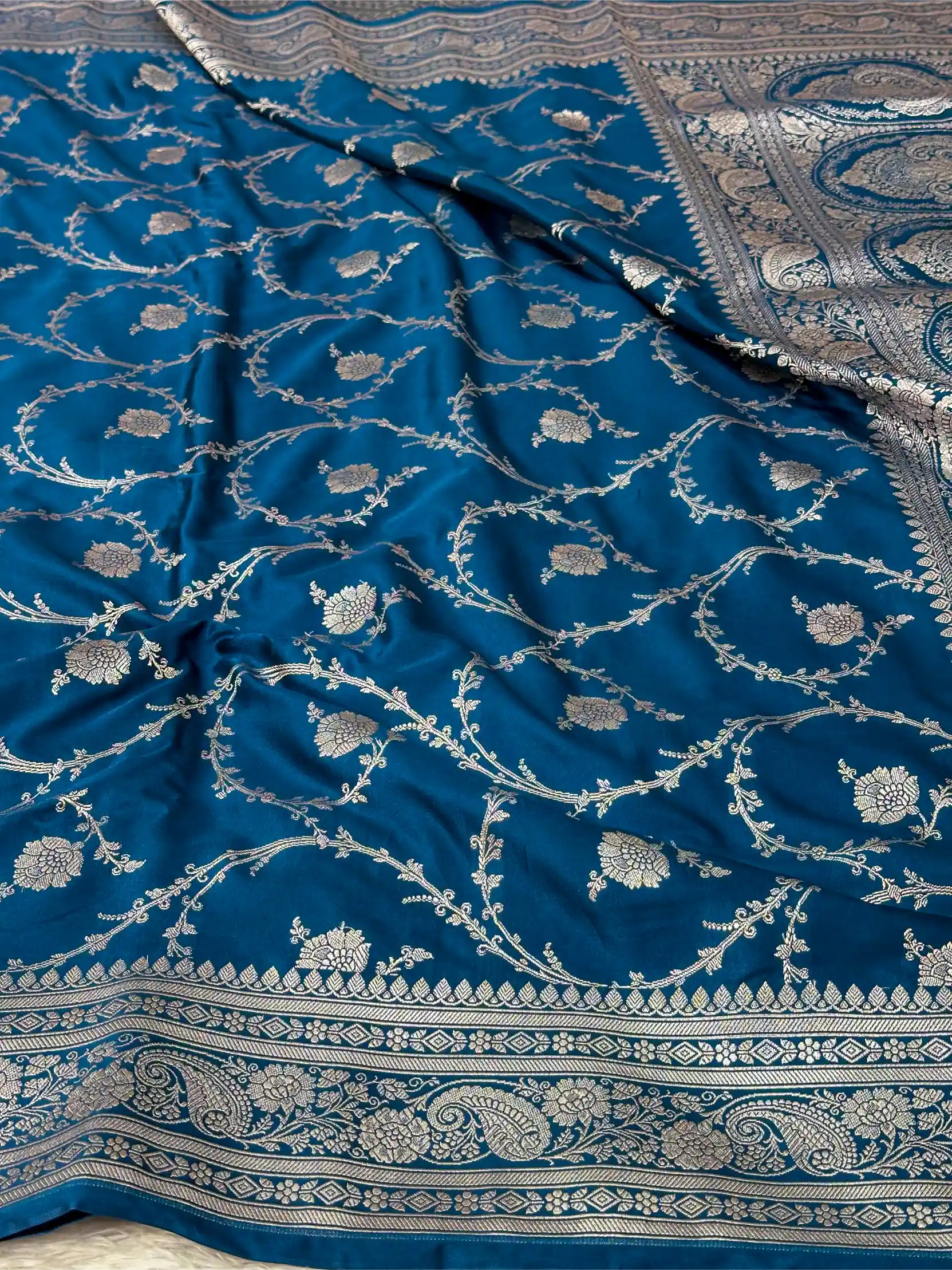 Oxford Blue Mashru Katan Silk Floral Jaal Weave Banarasi Saree - Image 2