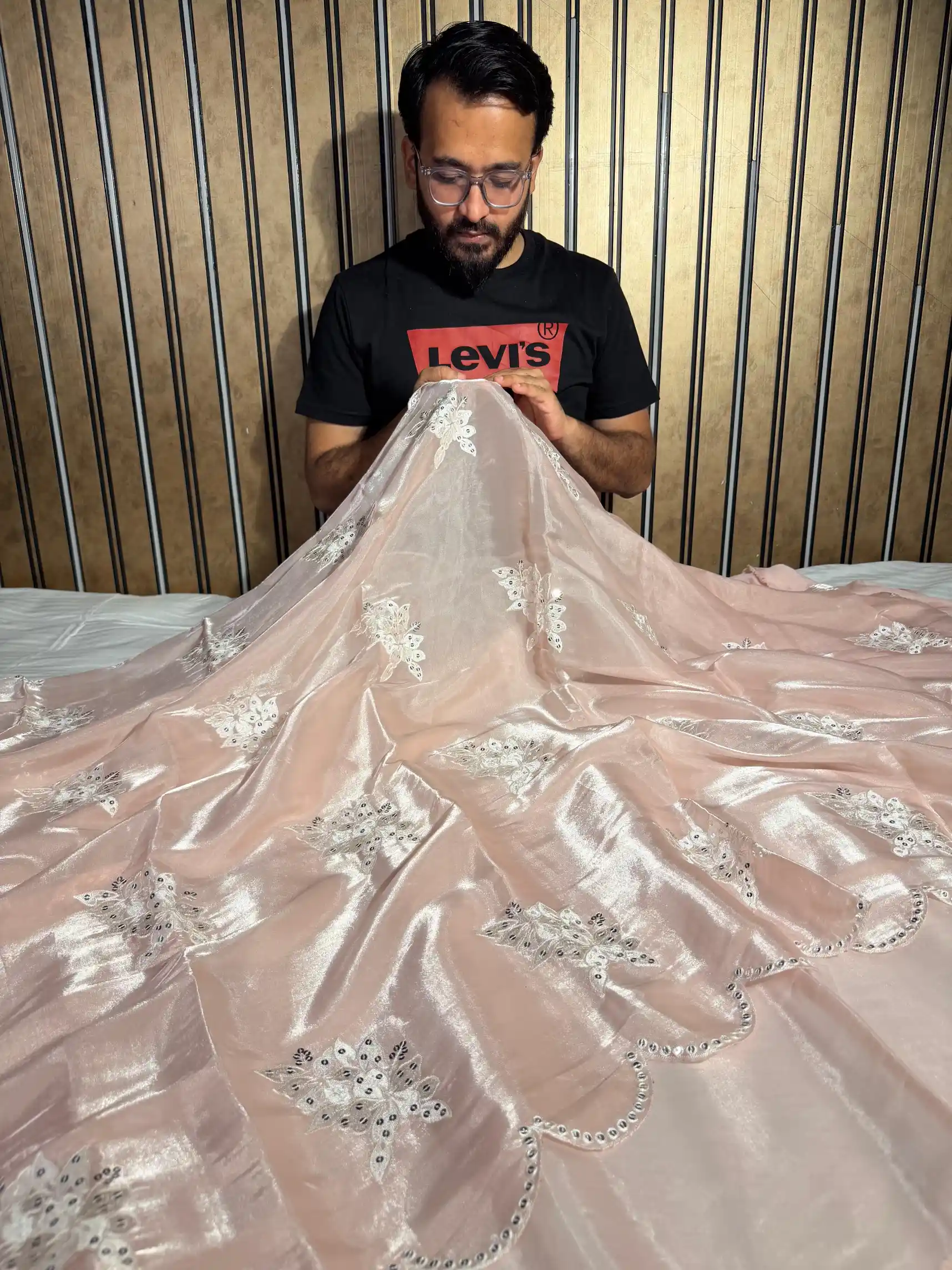Pastel Peach Shimmery Tissue Silk Designer Saree