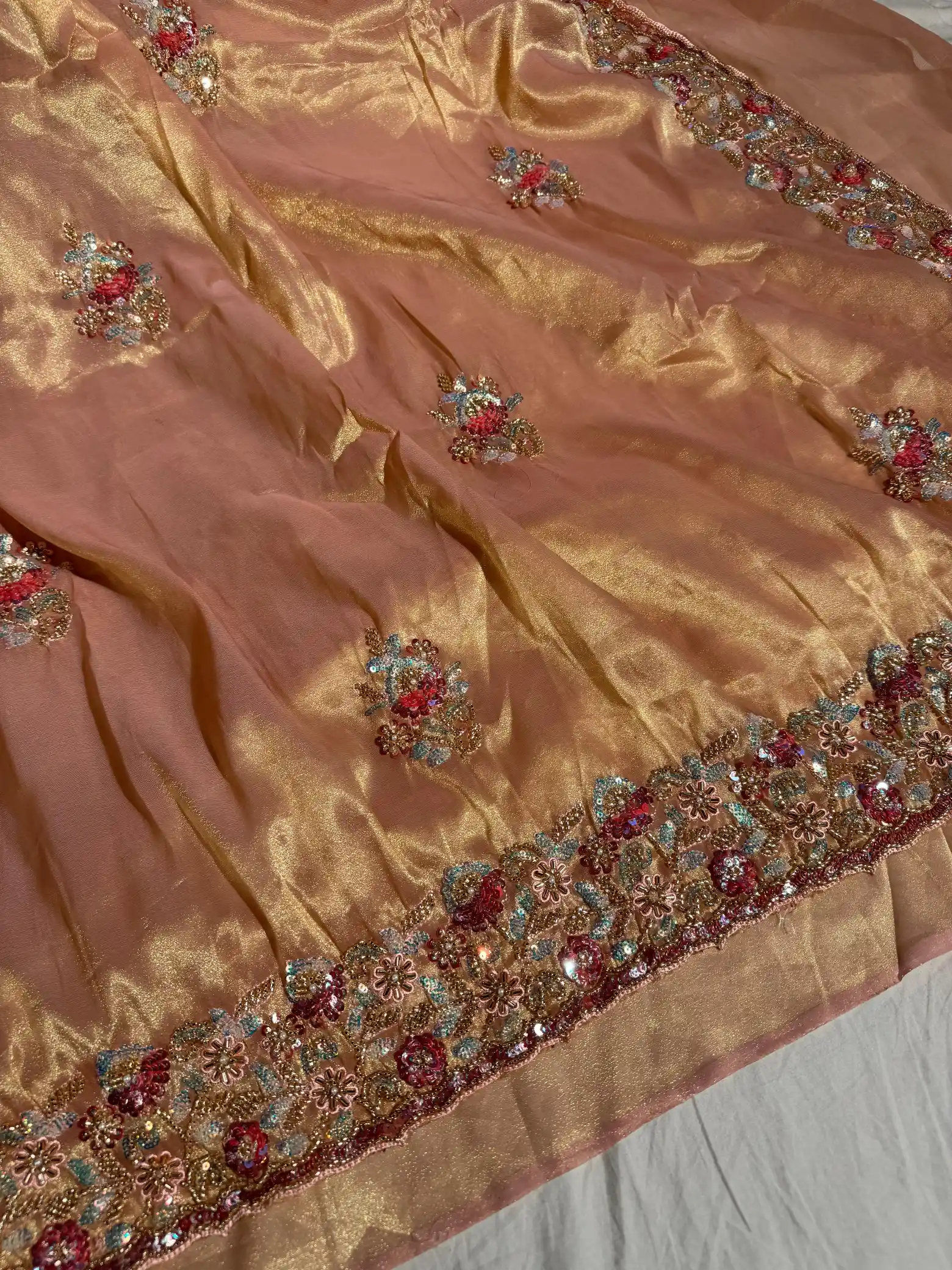 Peach Handwork limited edition saree with exclusive lightweight dual tone tissue silk saree - Image 2