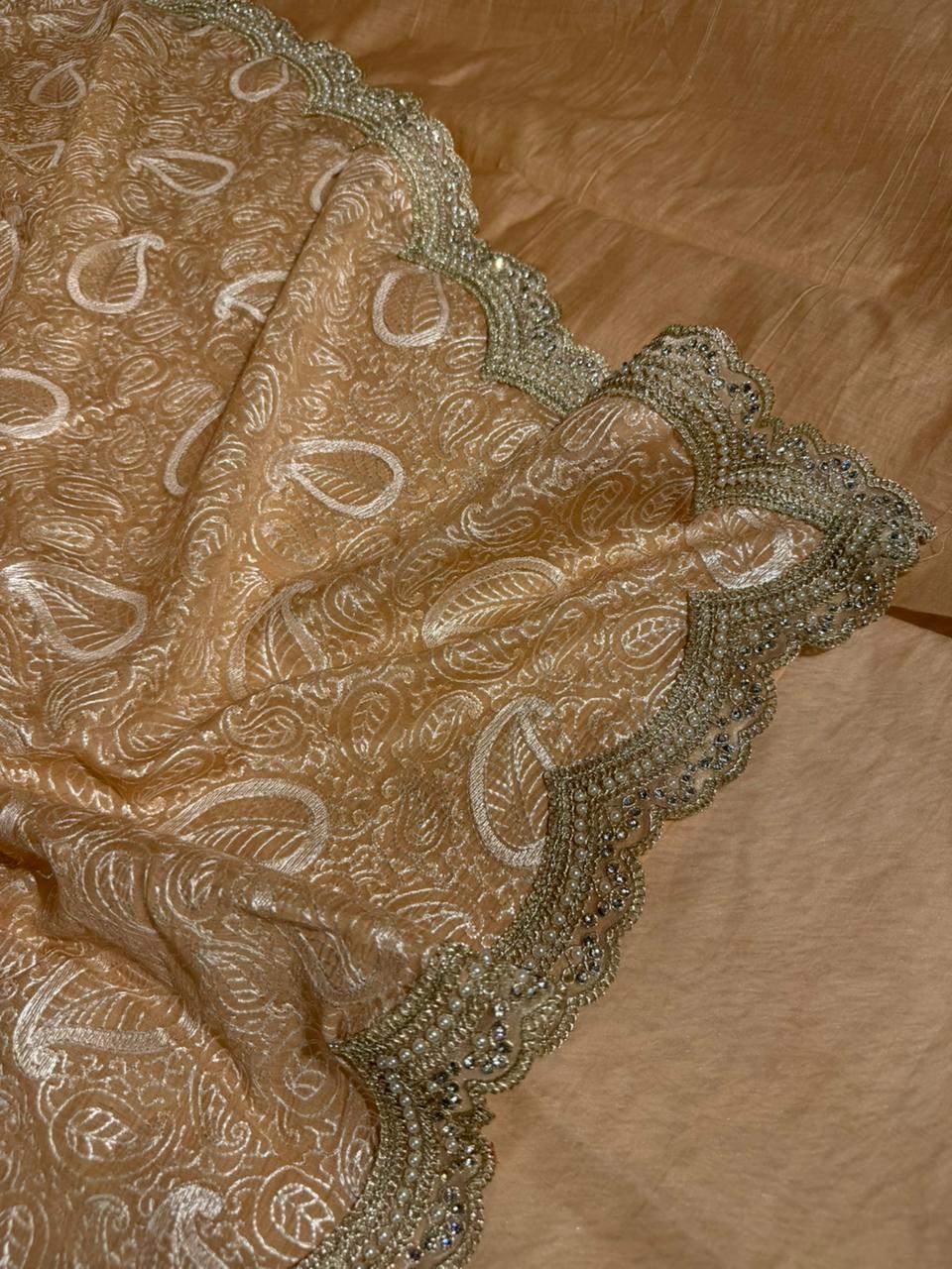 Light Peach Pure Mul Chanderi Chikankari Work Banarasi Saree - Image 3