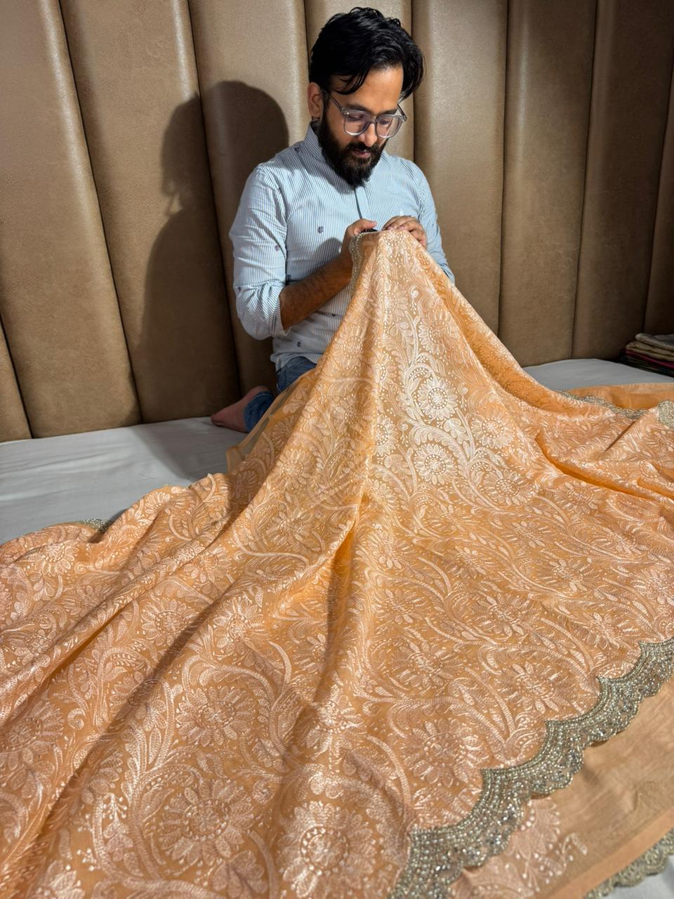Persian Orange Pure Mul Chanderi Chikankari Work Banarasi Saree - Image 3