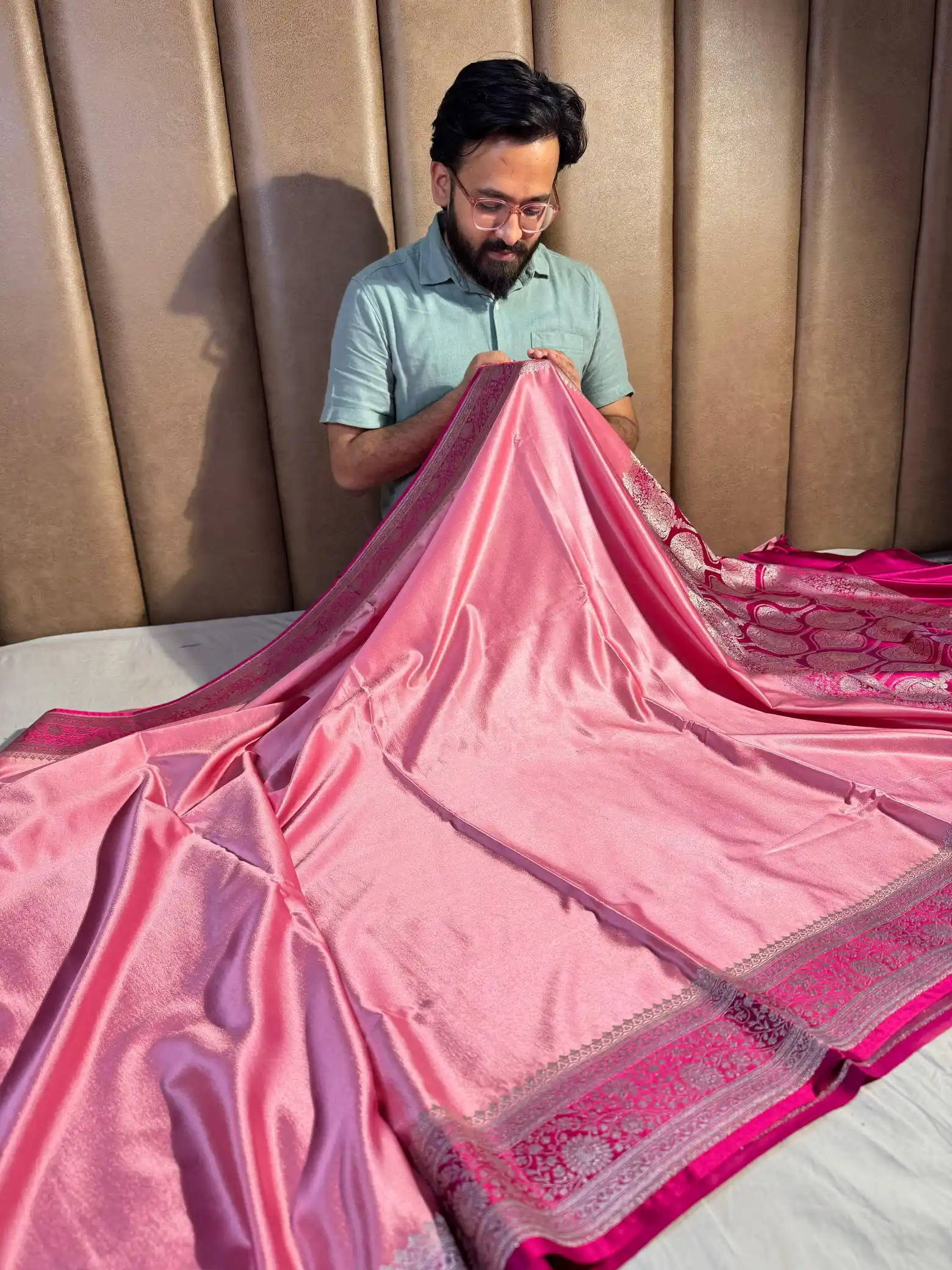 Pink Banarasi Mashru Katan Silk Saree with Rich Pallu and Blouse - Image 3