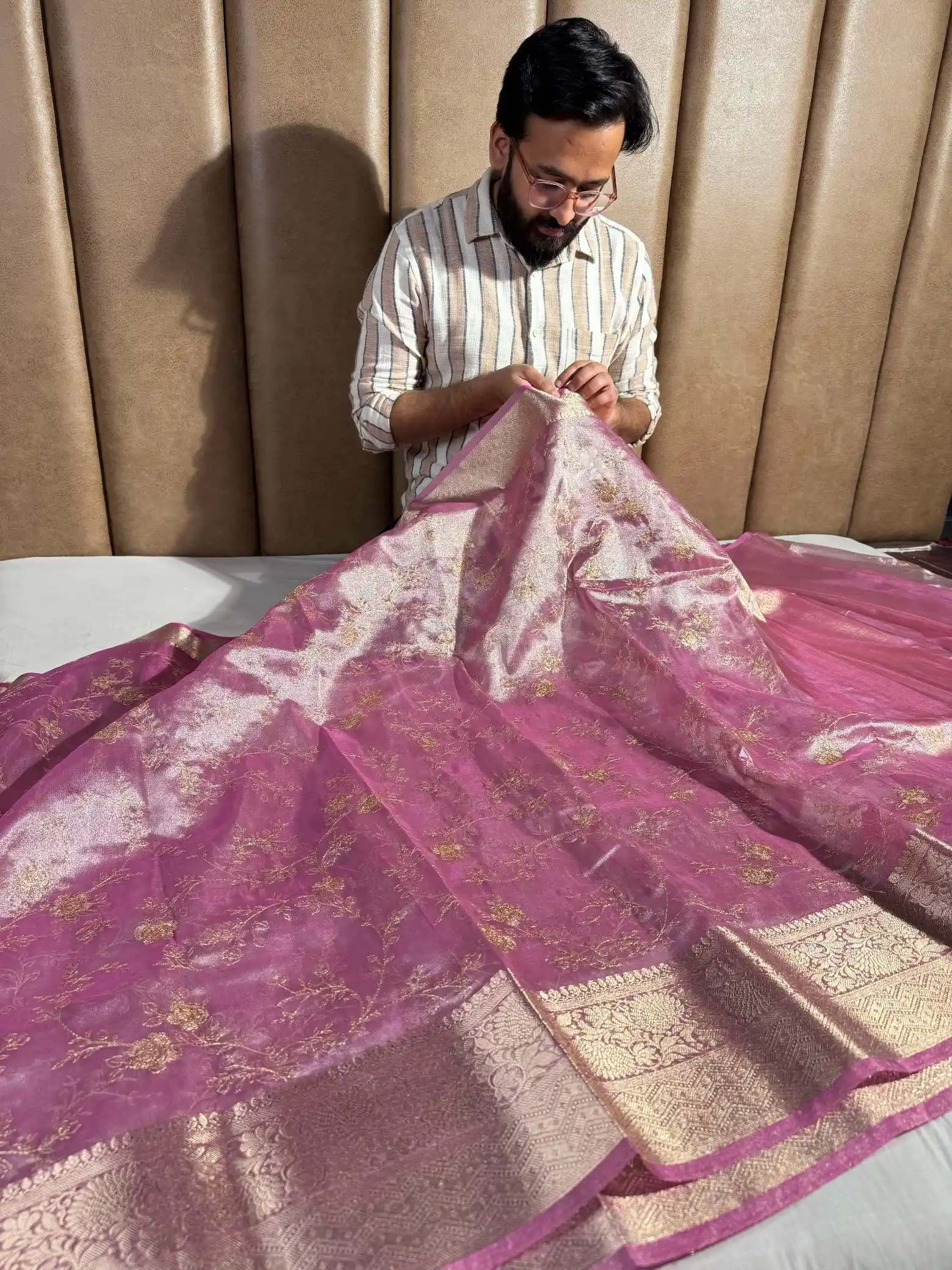 Pink Premium Zari Chikankari Tissue Silk Saree with zari pallu and blouse - Image 3