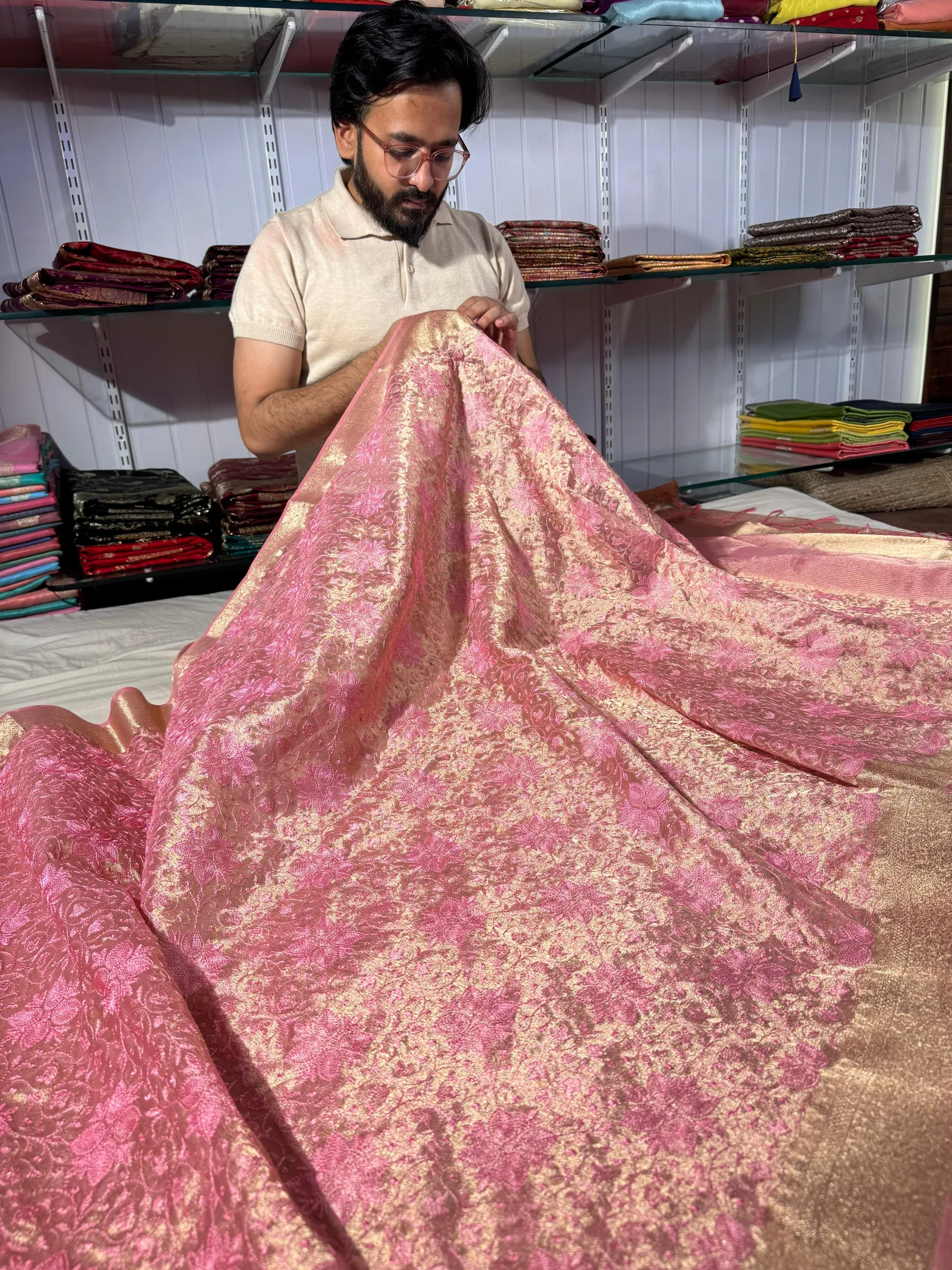 premium banarasi tissue saree with rich chikankari work yet lightweight - Image 3