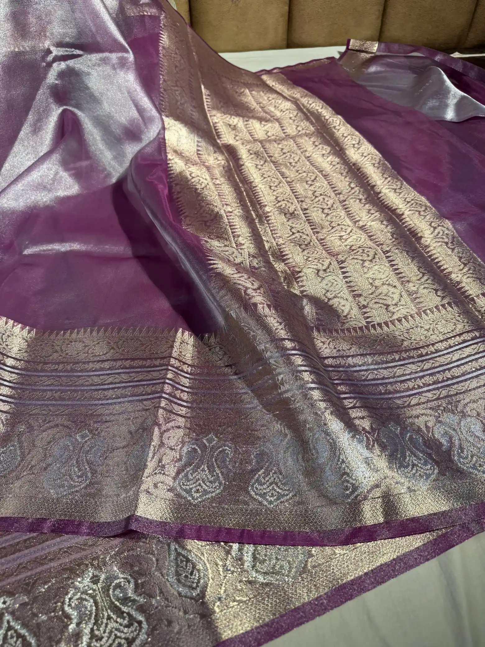 Subtle Lavender Tissue Silk Saree with Rich Pallu and Blouse - Image 2