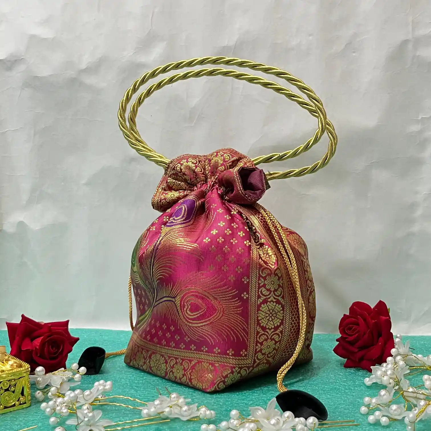 Rani Pink Shade Banarasi Potli Bags - Image 3