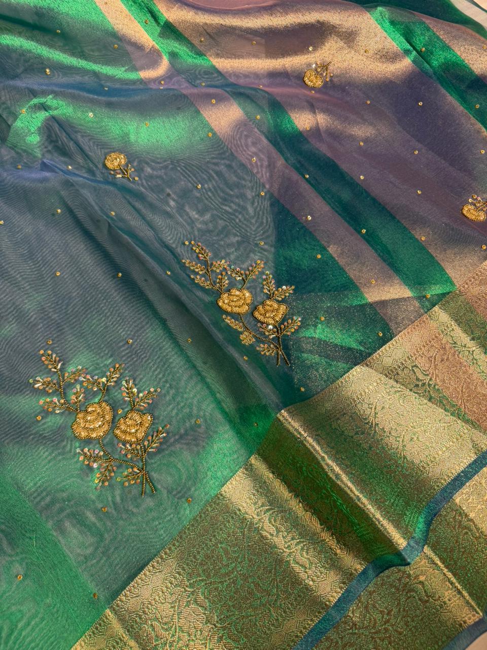 Rare Peacock Tissue Silk Handwork Banarasi Saree - Image 2