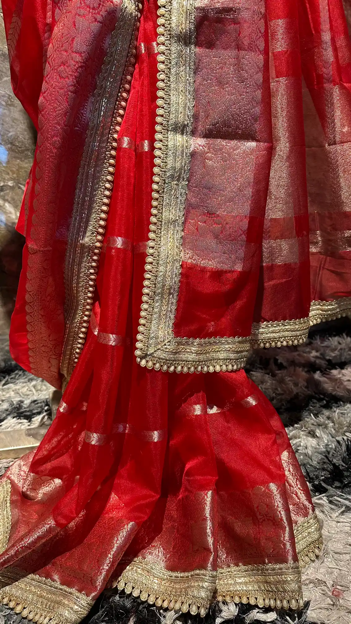 Ready To Wear Bridal Red Organza Banarasi Designer Saree - Image 4