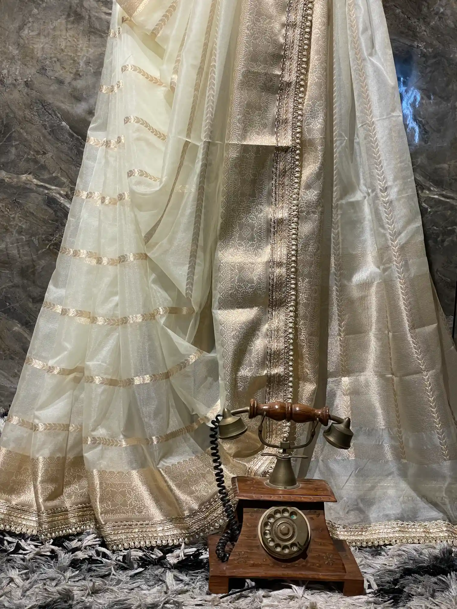 Ready To Wear Ivory Kora Banarasi with Premium Lace Work - Image 3