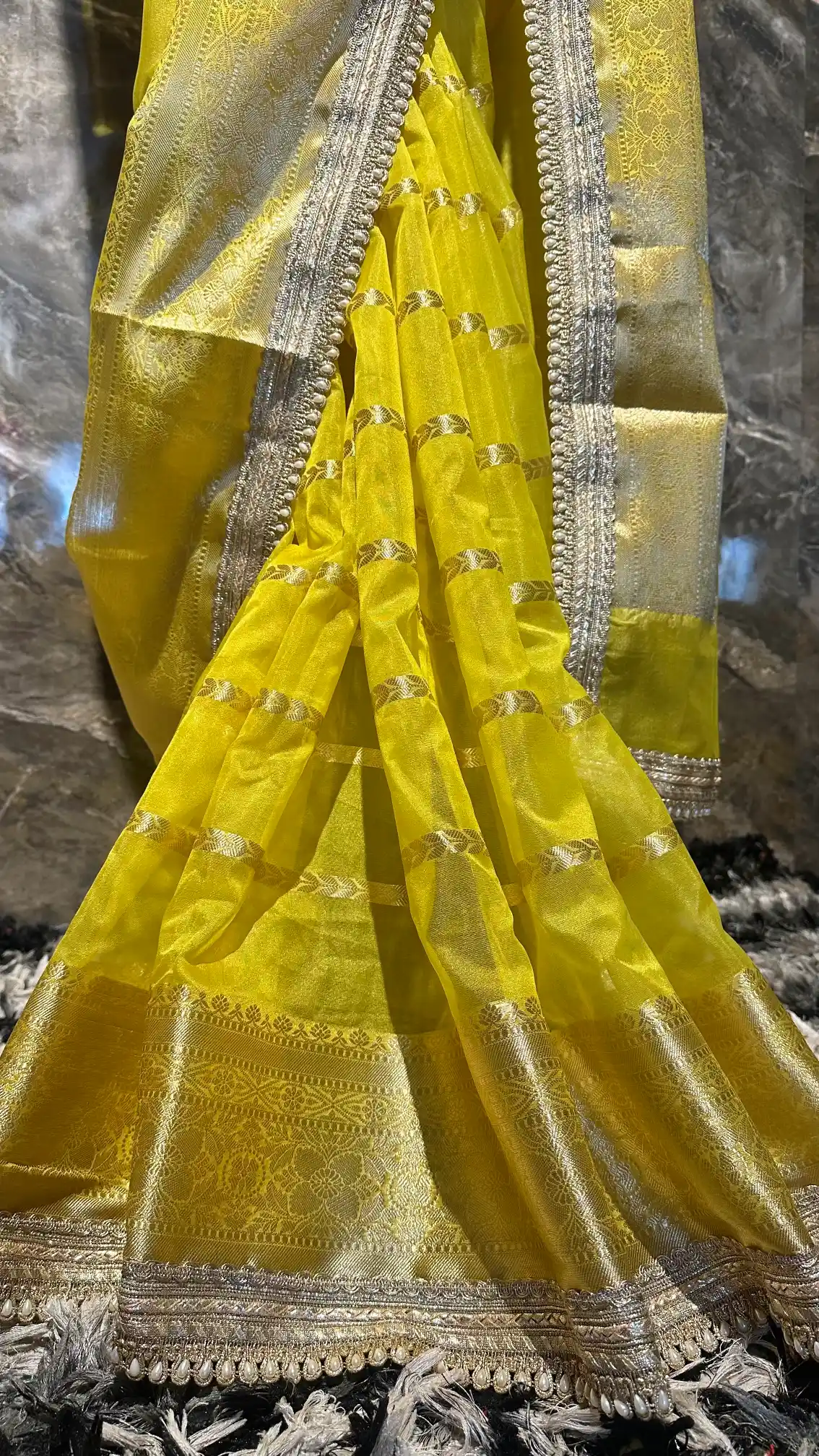 Ready To Wear Lemon Yellow Organza Designer Banarasi Saree - Image 3