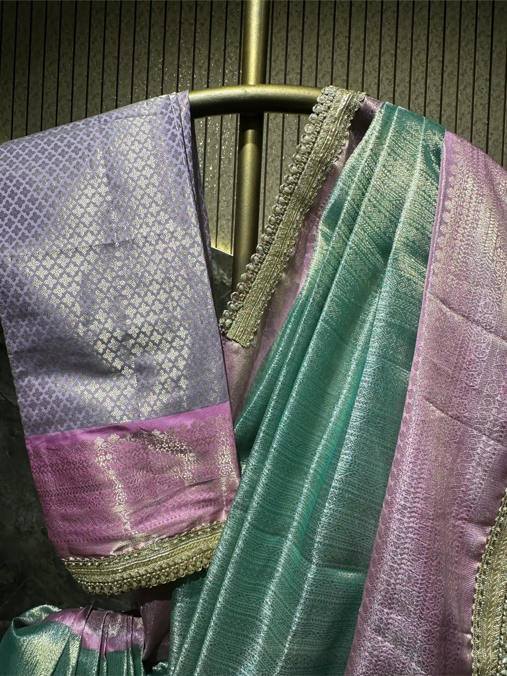 Ready To Wear Sea Green Kanjivaram Brocade Tissue Designer Lace Work Saree - Image 2