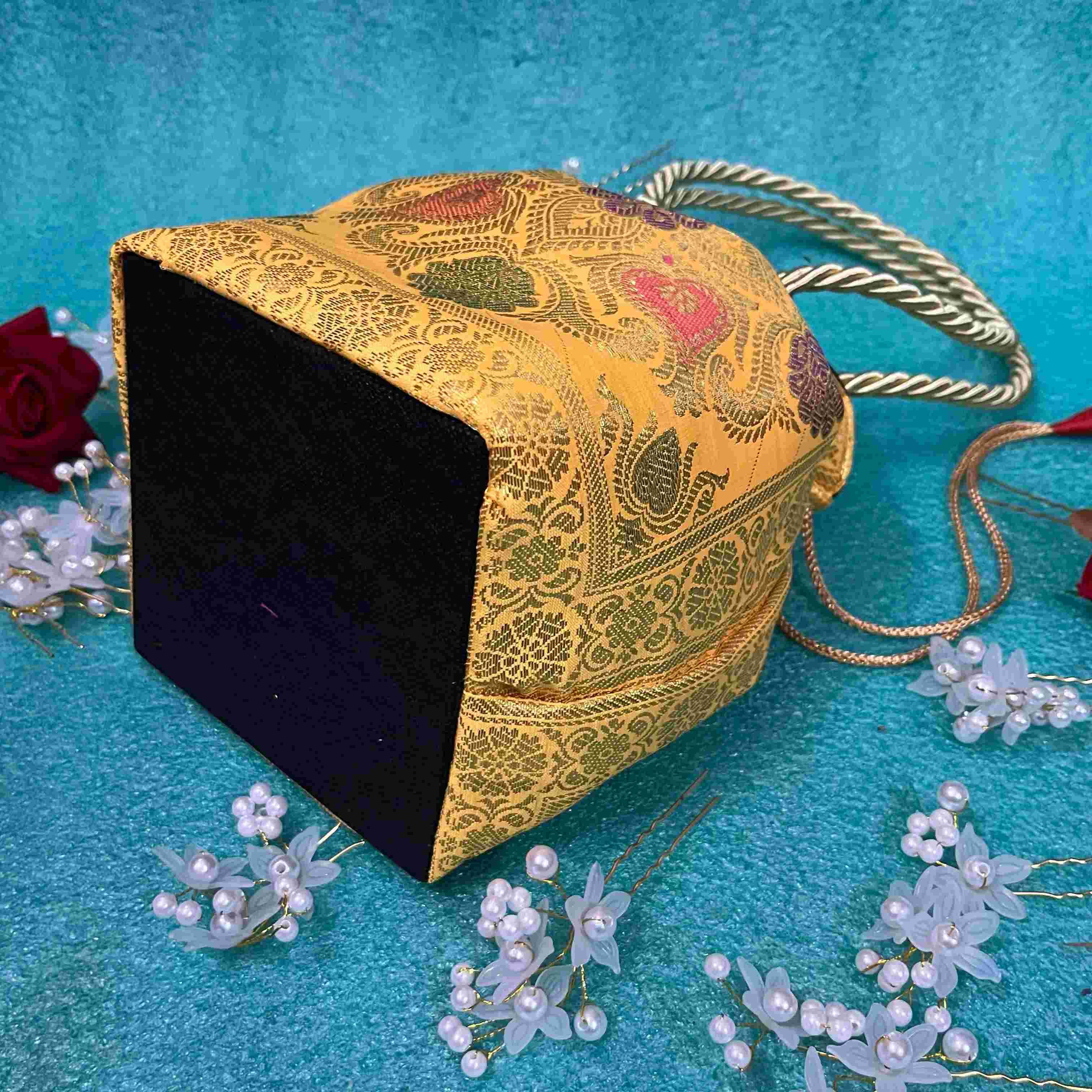 Yellow Elegance Banarasi Potli Bags - Image 3