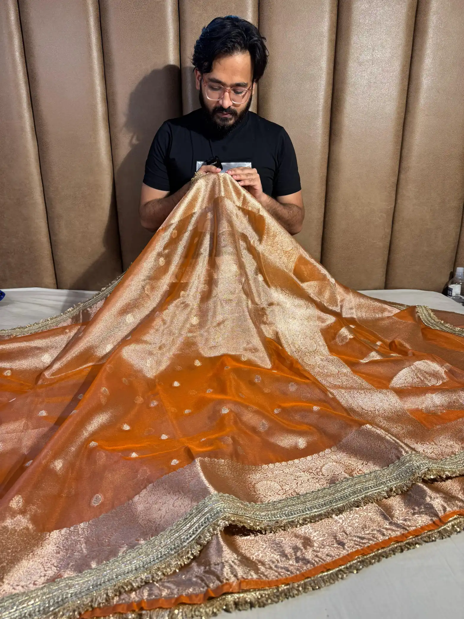 Rust Orange Tissue Silk Khaddi Buti Lace Work Banarasi Saree