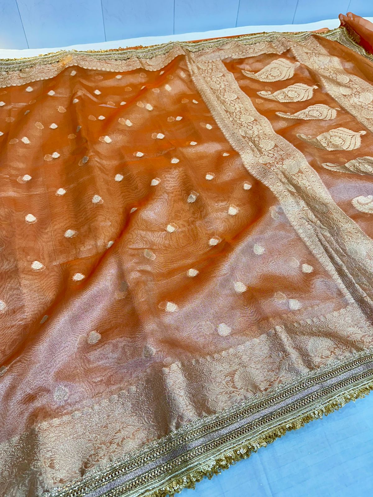 Rust Orange Tissue Silk Lace Attached Banarasi Saree - Image 5