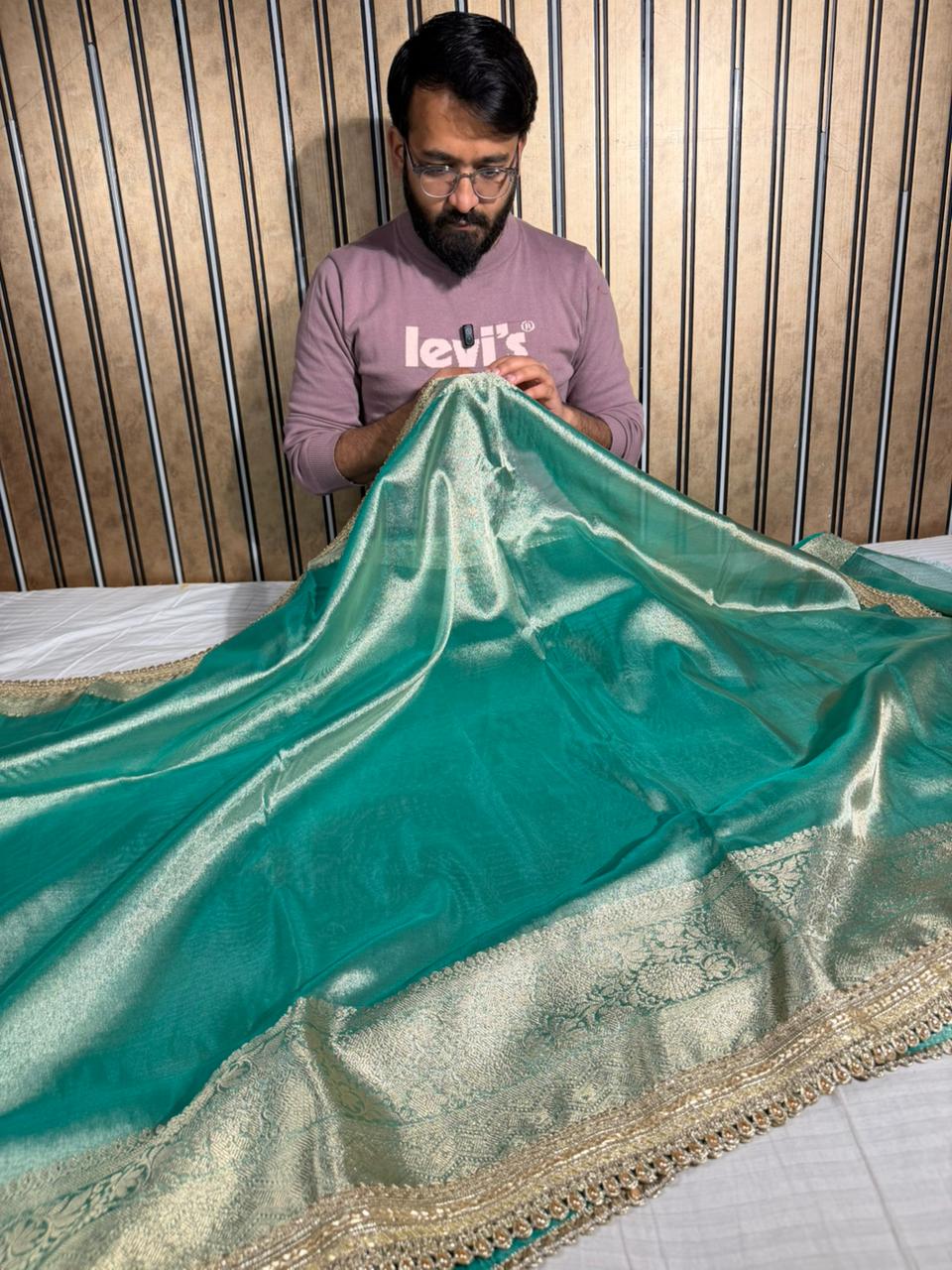 Sea Green Tissue Silk Designer Lace Attached Banarasi Saree