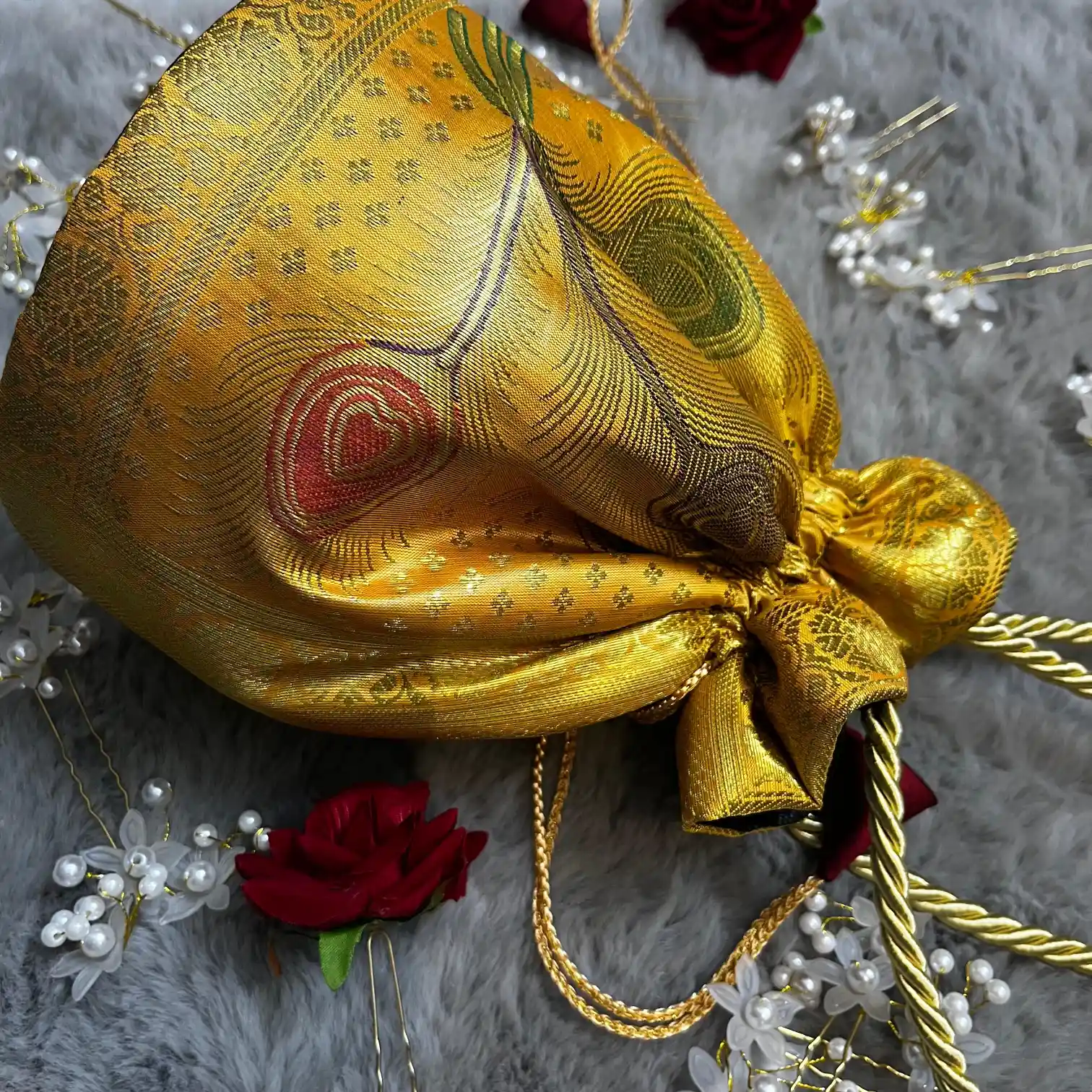 Yellow Shade Banarasi Potli Bags - Image 3